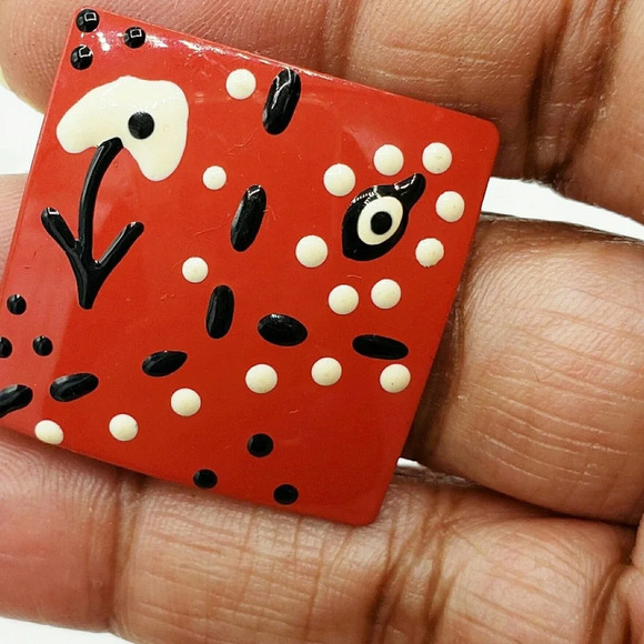 Vintage 70s Earrings • Abstract • Red Square • Pierced - Picture 3 of 4